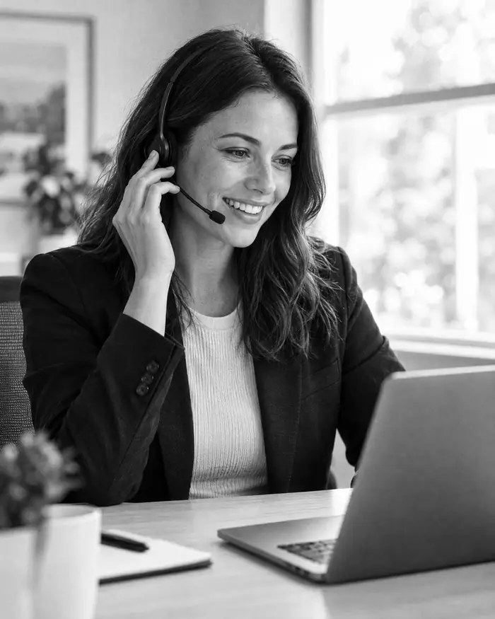 A smiling insurance agent with a headset talks to a client at her desk.
