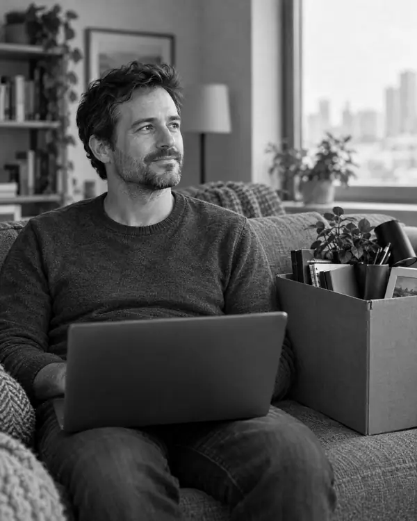 A man sits on his couch with a laptop next to a box of things from his old job.
