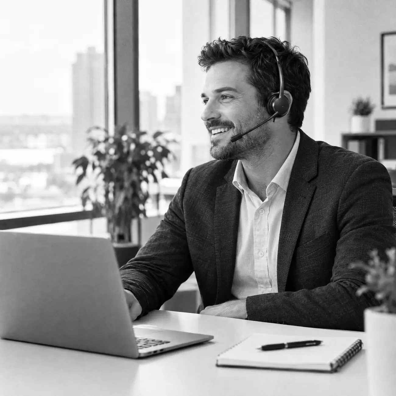 A smiling insurance agent with a headset talks with a client.